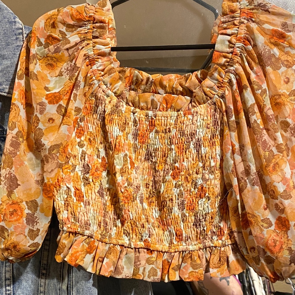 Hello Molly Orange Floral Smocked Puff-Sleeve Top